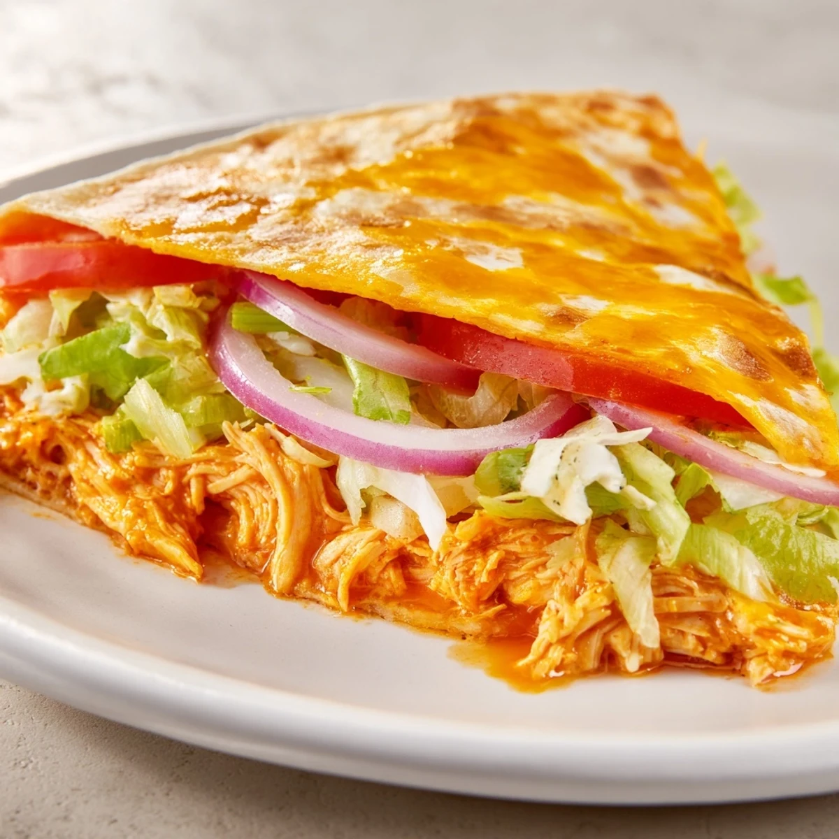 Golden-brown buffalo chicken wrap, packed with spicy chicken and fresh vegetables, ready to eat.
