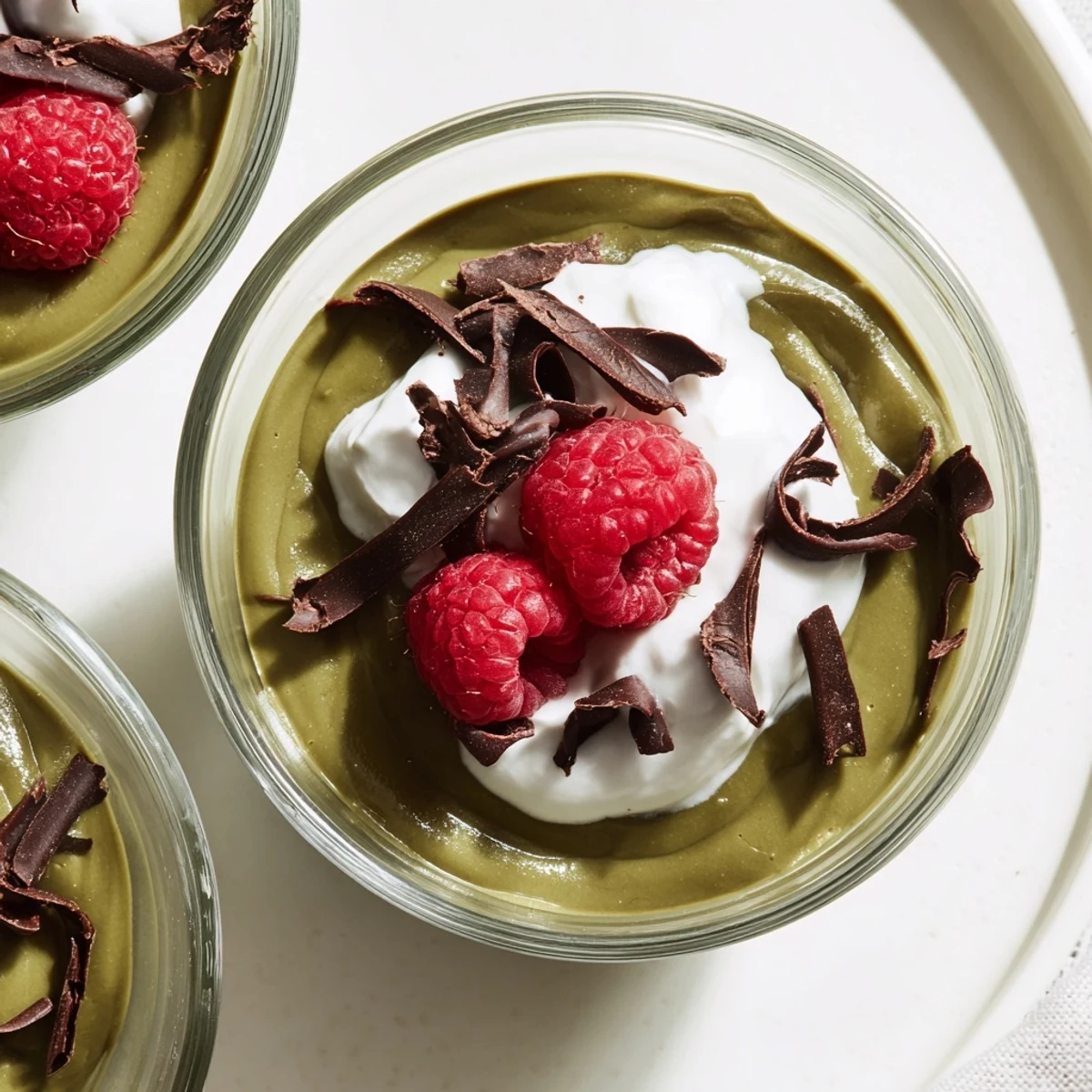 A close-up of smooth, dark Avocado Chocolate Pudding swirled with homemade whipped cream.