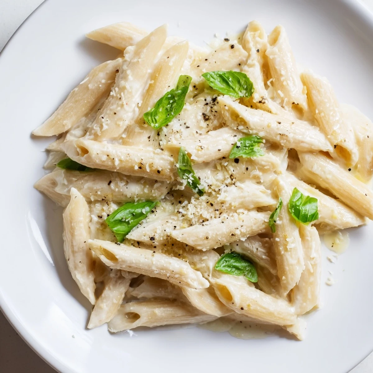 A vibrant photo of creamy cottage cheese pasta, ready to be garnished and served hot.