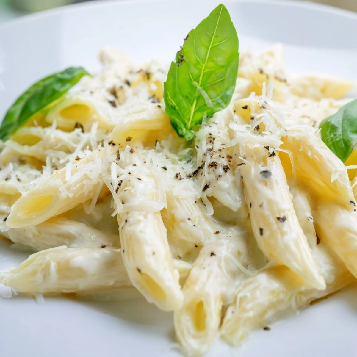 Close-up on the rich, textured creamy cottage cheese pasta, ideal for a quick weeknight dinner.