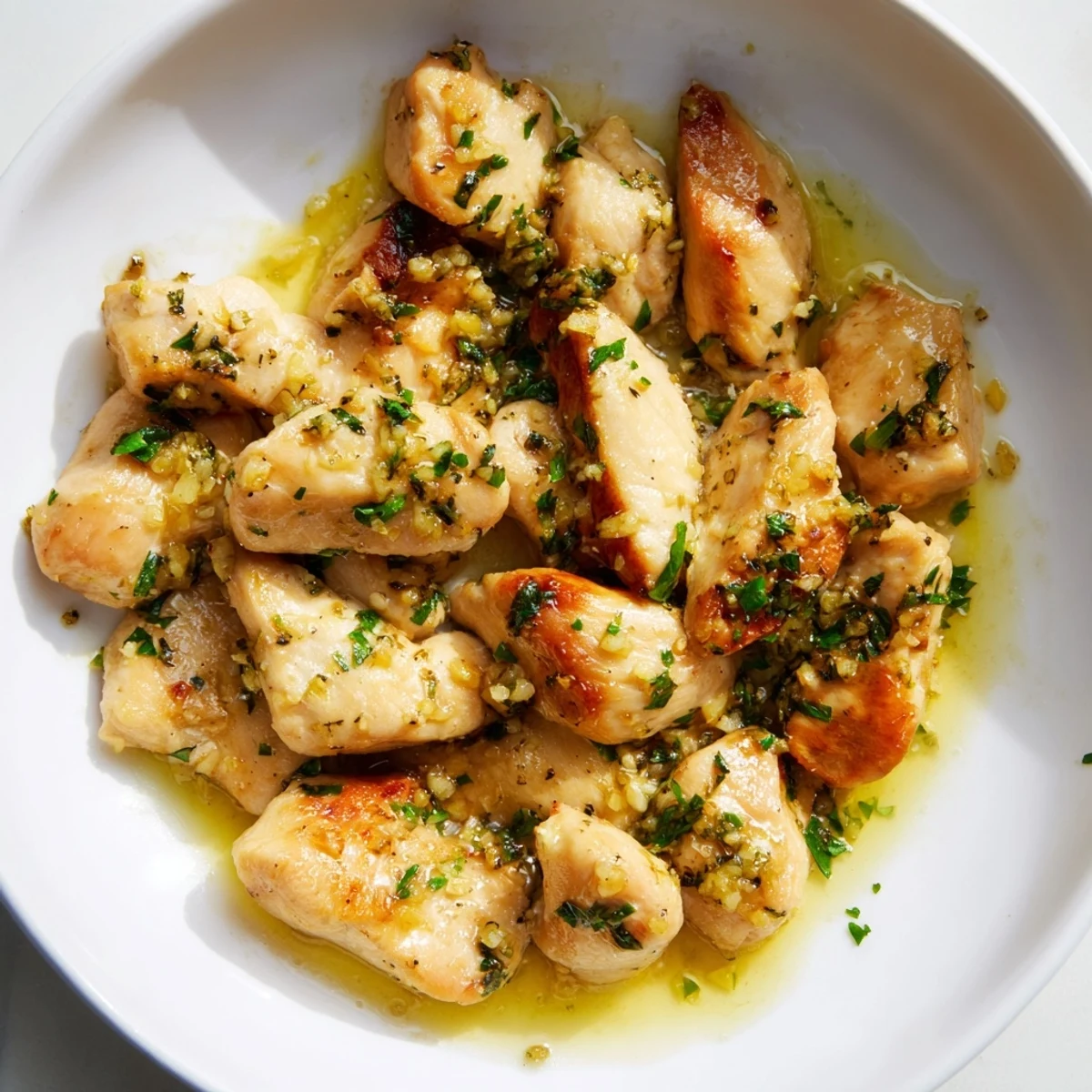 Skillet-seared garlic butter chicken bites, offering a savory aroma, with fresh parsley garnish.