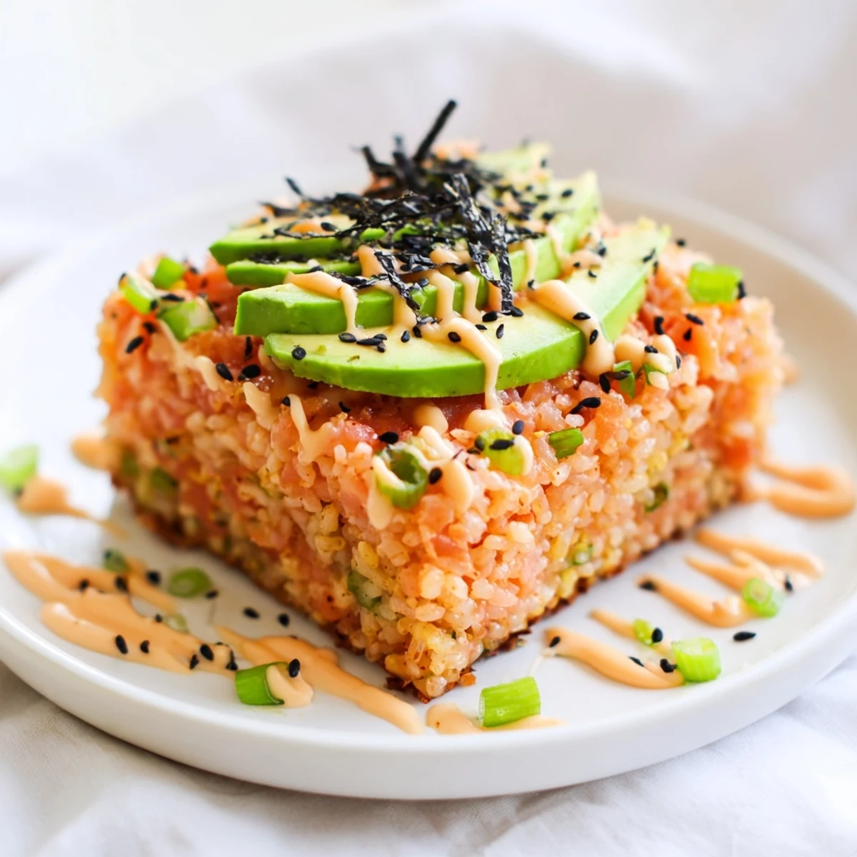 Golden-brown crispy rice salmon stack topped with creamy avocado and spicy mayo, perfect appetizer.