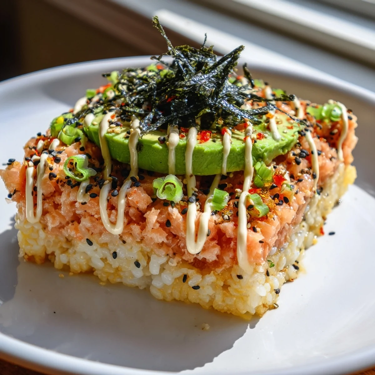 A close-up shot of the fresh crispy rice salmon stack, showcasing layers of texture and color.