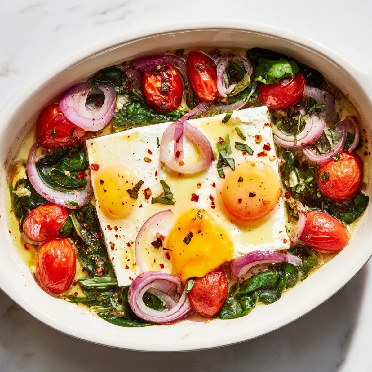 Golden-baked Feta Eggs with runny yolks, inviting herbs, and burst cherry tomatoes, ready to serve.