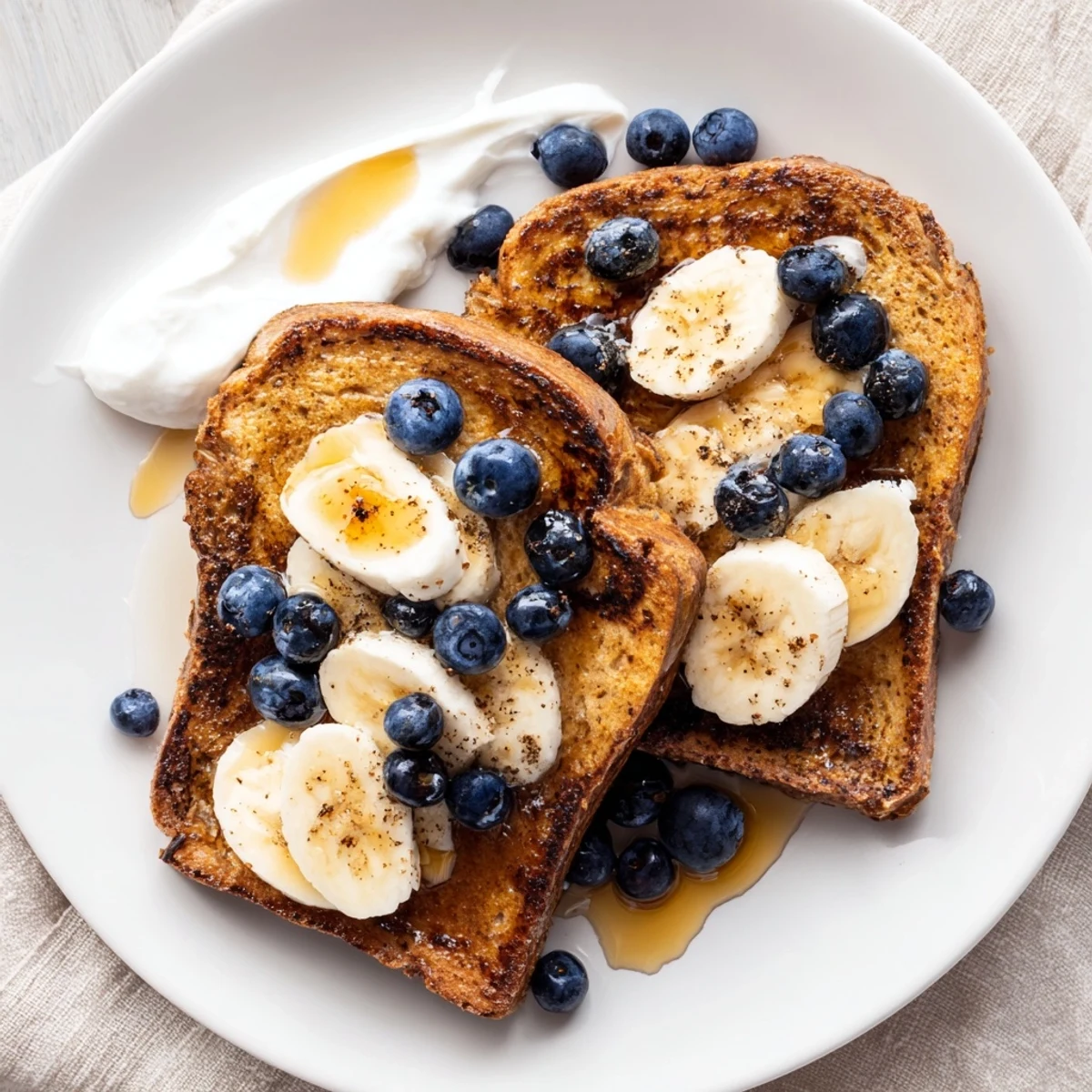 Golden brown Protein French Toast, topped with fresh berries, offers a beautiful brunch plate.