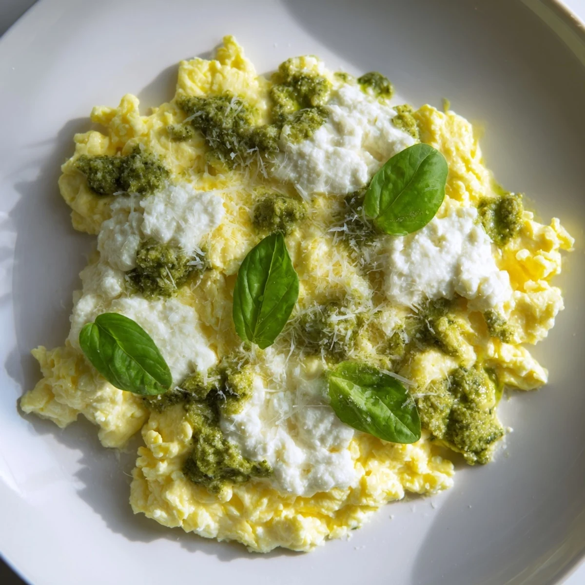 A close-up of Pesto Cottage Cheese Eggs: soft, scrambled eggs with hints of pesto and cottage cheese.