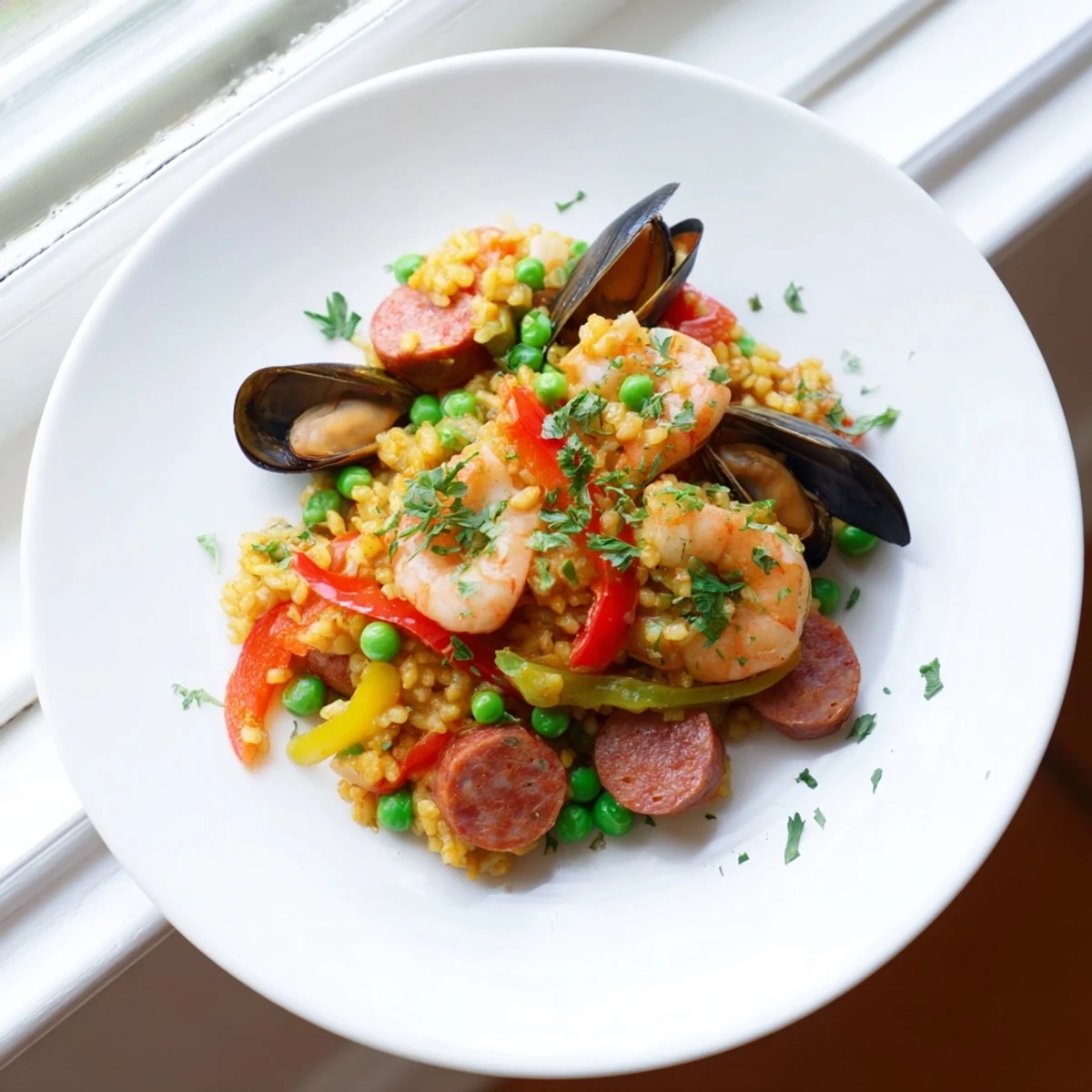 Fresh parsley garnishes a delicious paella with mussels, chicken, and aromatic saffron-infused rice.