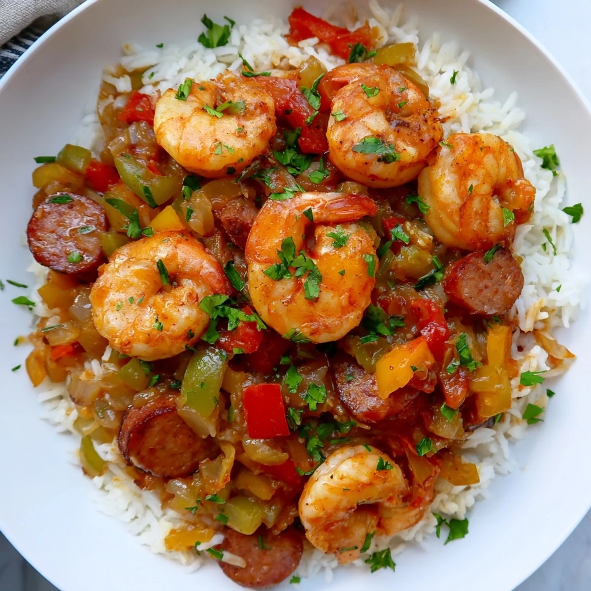 A steaming skillet of vibrant Jambalaya, showcasing shrimp and sausage with vegetables and rice.