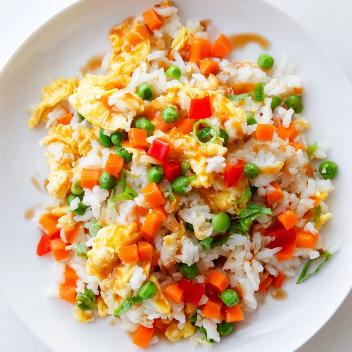 Golden egg fried rice, speckled with colorful veggies, ready to serve as a quick dinner.
