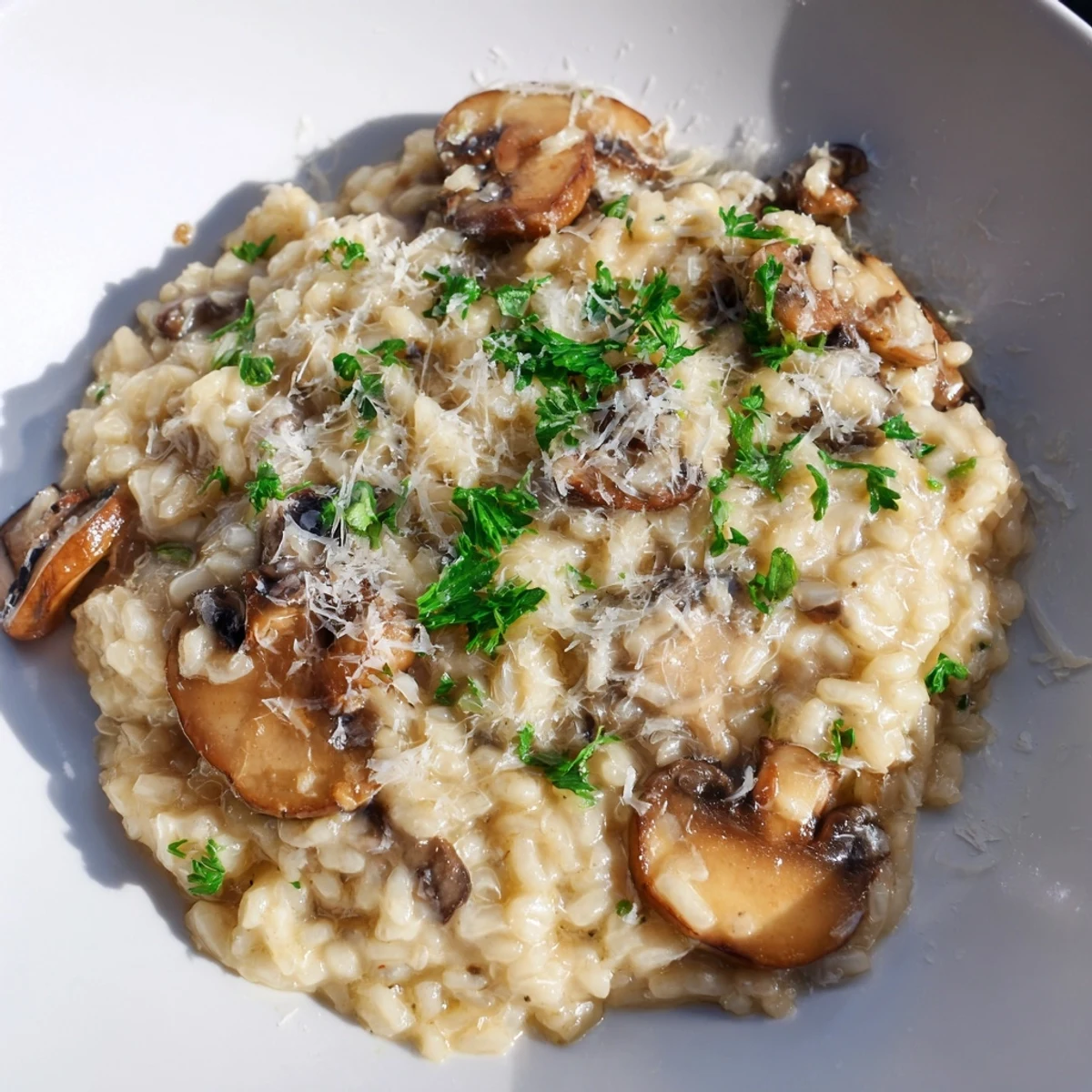 Steaming bowl of risotto with mushrooms, creamy and topped with Parmesan cheese, ready to serve.