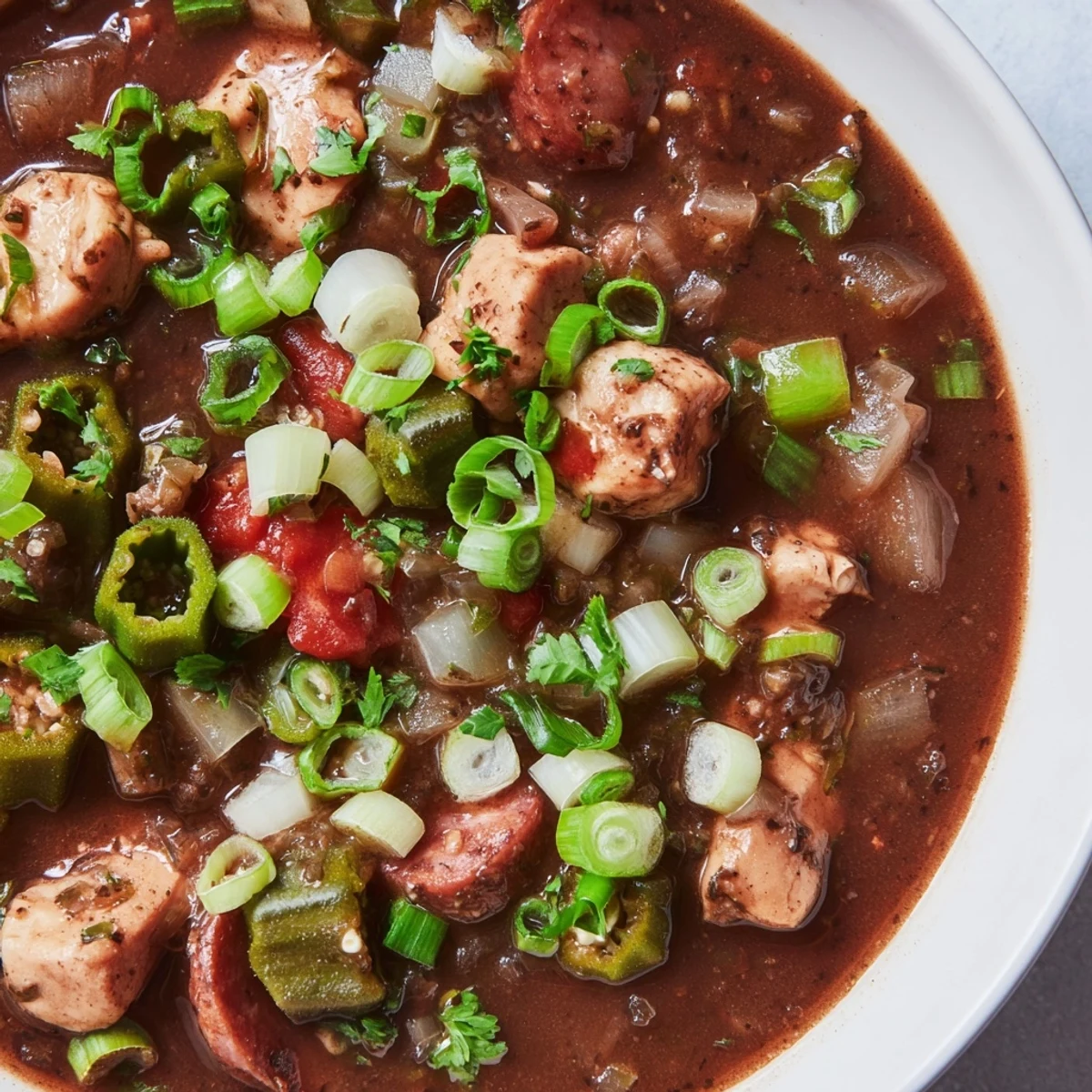 Dark, aromatic Gumbo Okra Soup bubbling with chicken, sausage, and vegetables, ready to be served.