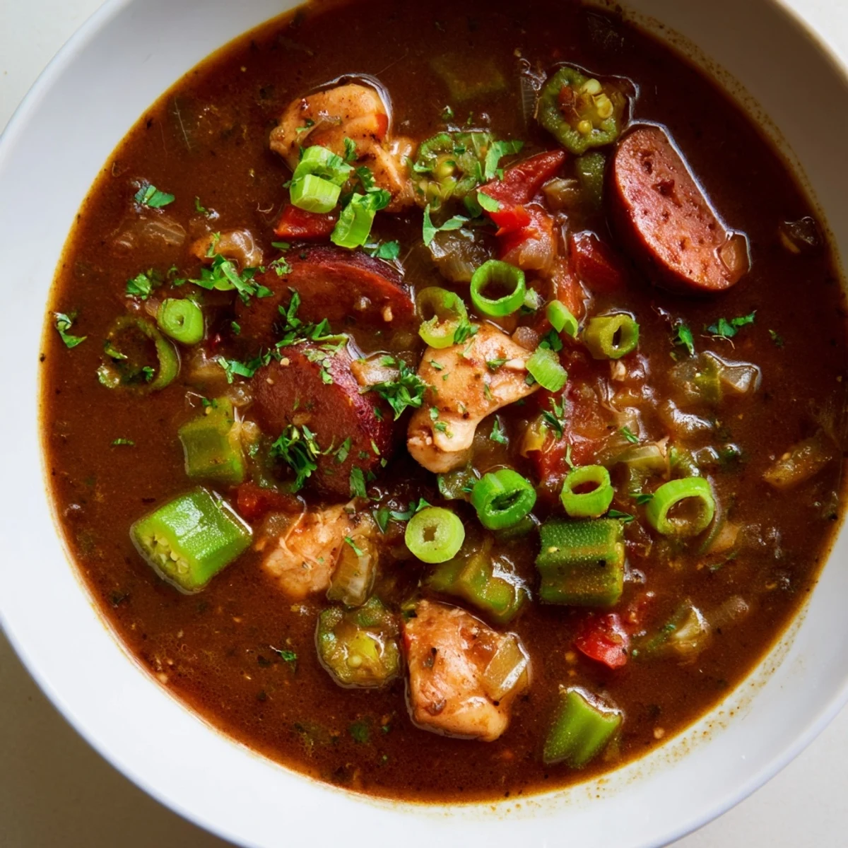 Deliciously spiced Gumbo Okra Soup showcasing tender chicken and okra in a flavorful broth for dinner.