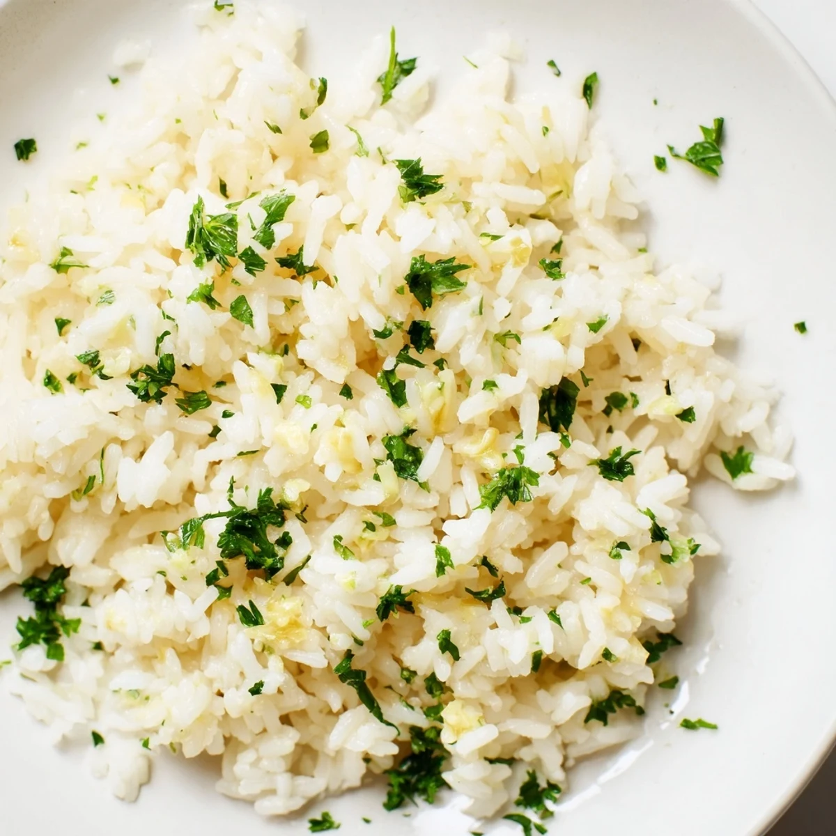 Steaming bowl of golden garlic butter rice, seasoned perfectly and smelling savory, ready to eat.