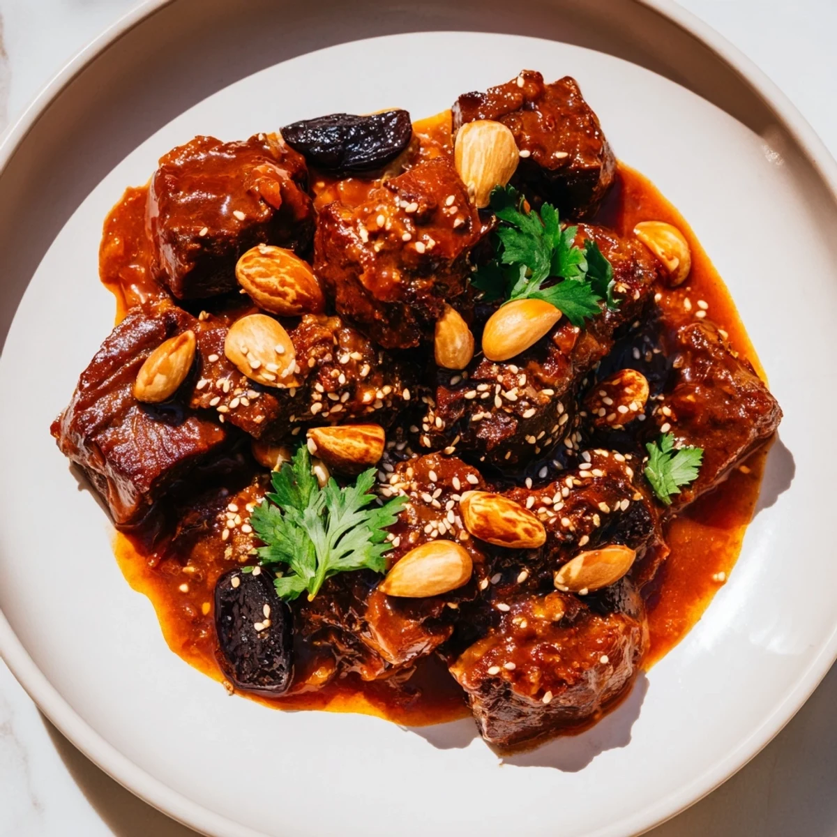 Close up shot of the flavorful Moroccan Lamb Tagine, showcasing the slow-cooked lamb and spices.