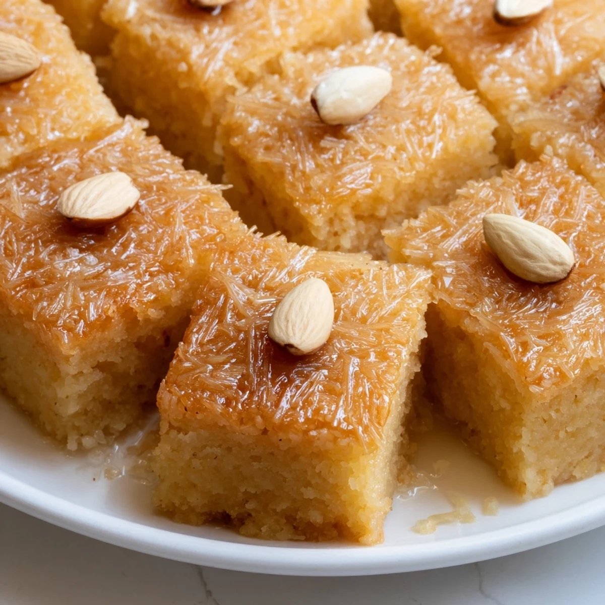 Golden, syrup-soaked Egyptian Basbousa coconut cake, with toasted almonds, ready to serve with tea.