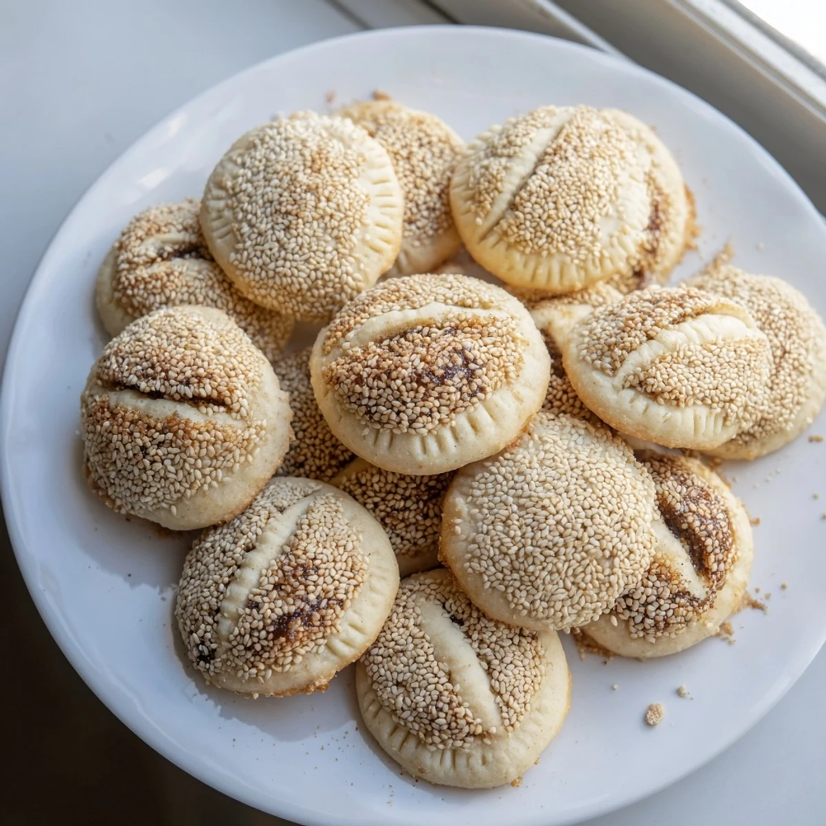 A close-up of freshly baked Palestinian Kahk cookies, smelling of cinnamon and cardamom, perfect with coffee.