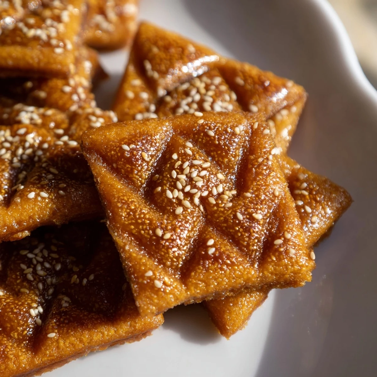 Close-up of crispy, diamond-shaped Tunisian Makroudh cookies, ready to be enjoyed with mint tea.