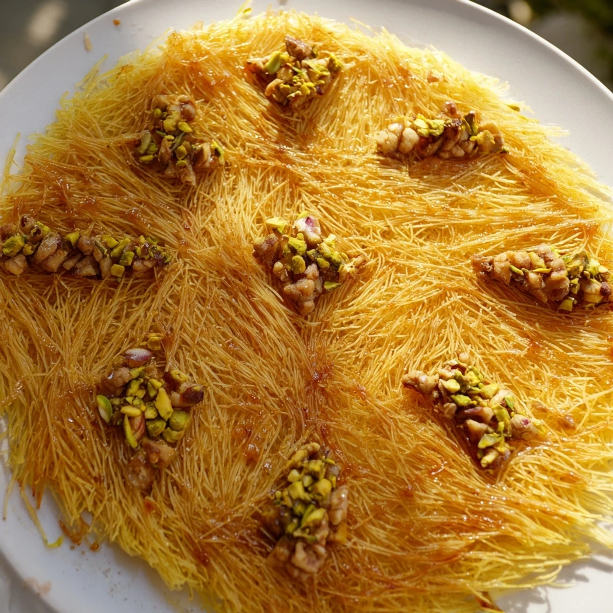 Golden, crispy Egyptian Konafa with a glistening honey syrup, ready to eat and enjoy.