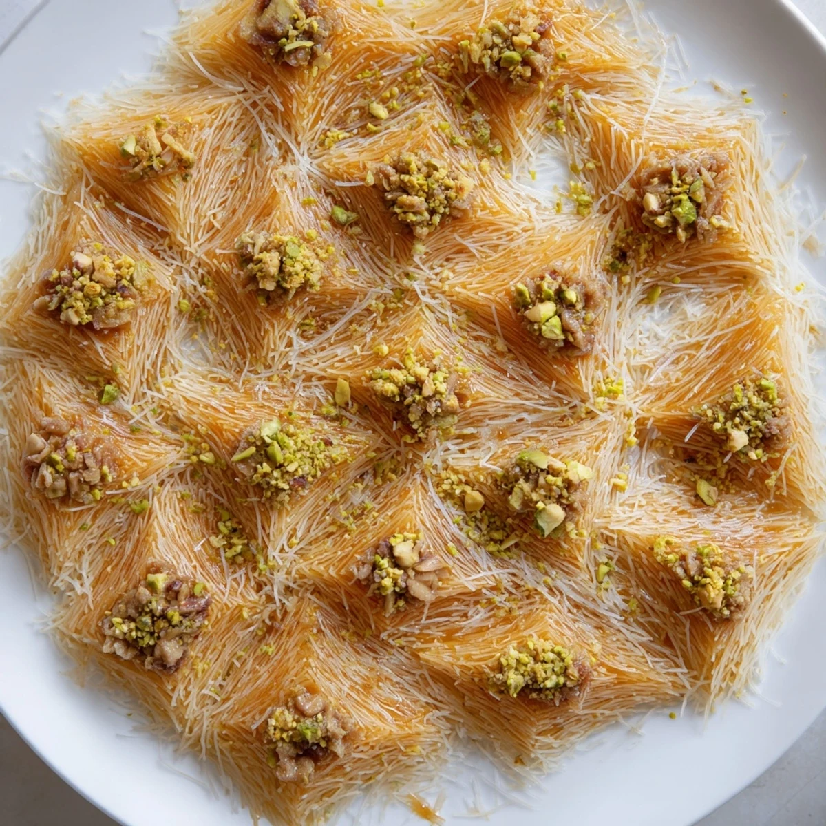 A close-up shot of rich, nutty Egyptian Konafa dessert, baked to a beautiful golden-brown color.