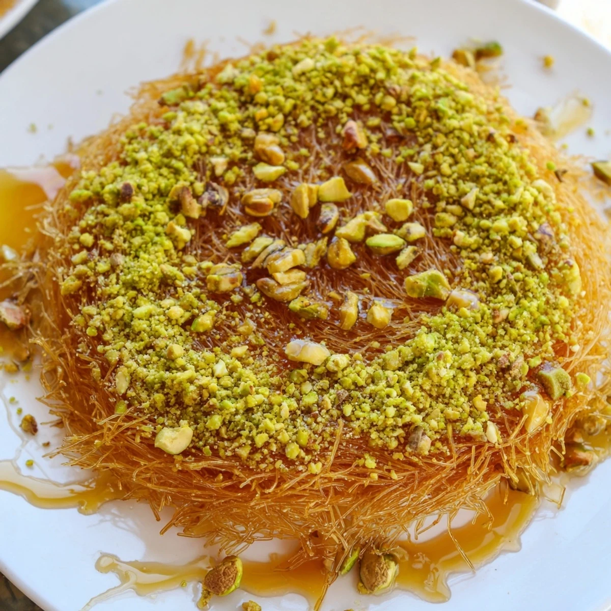 A close-up view of warm, sweet Lebanese Knafeh, perfect for a celebration treat.