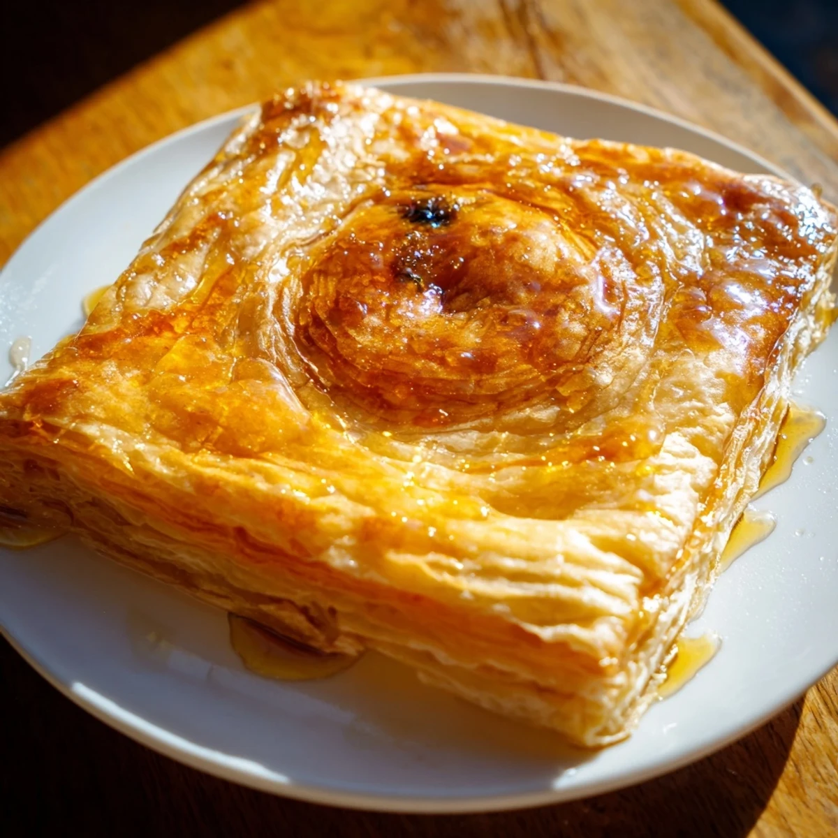 Golden, flaky Moroccan Msemen pastry, pan-fried and drizzled with warm, sweet honey for breakfast.