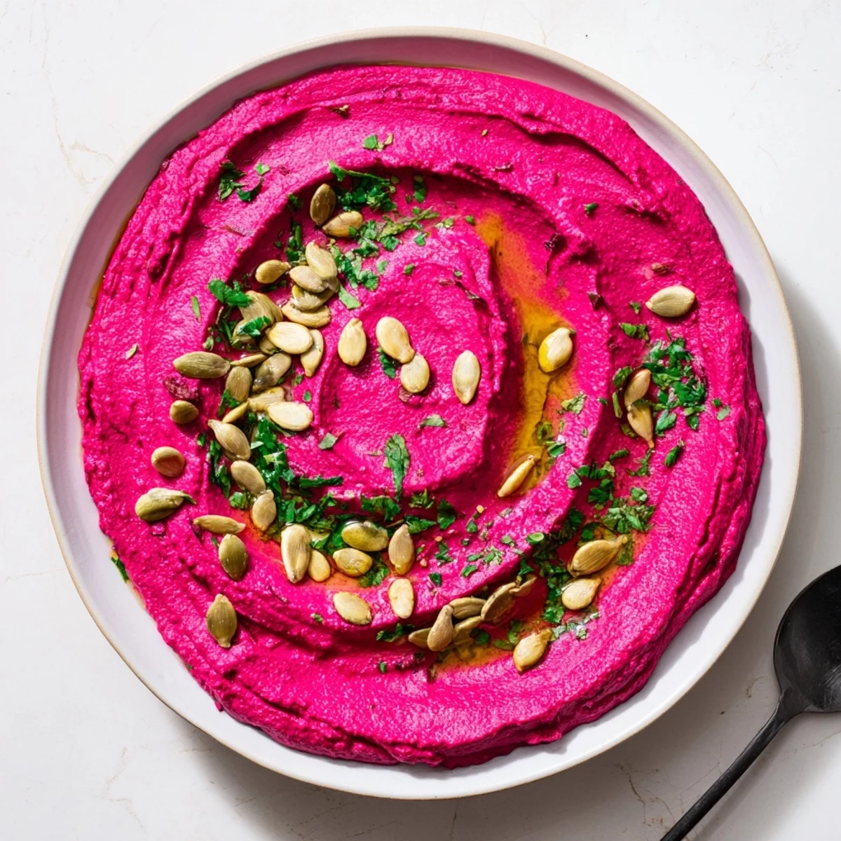 Roasted Beet Hummus dip garnished with pumpkin seeds and parsley, ready for pita bread or spreading.