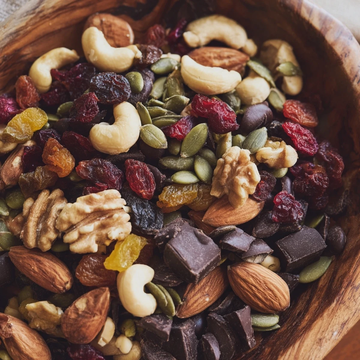 A bowl of homemade Trail Mix Custom with almonds, cashews, and dark chocolate chips, ready for snacking.