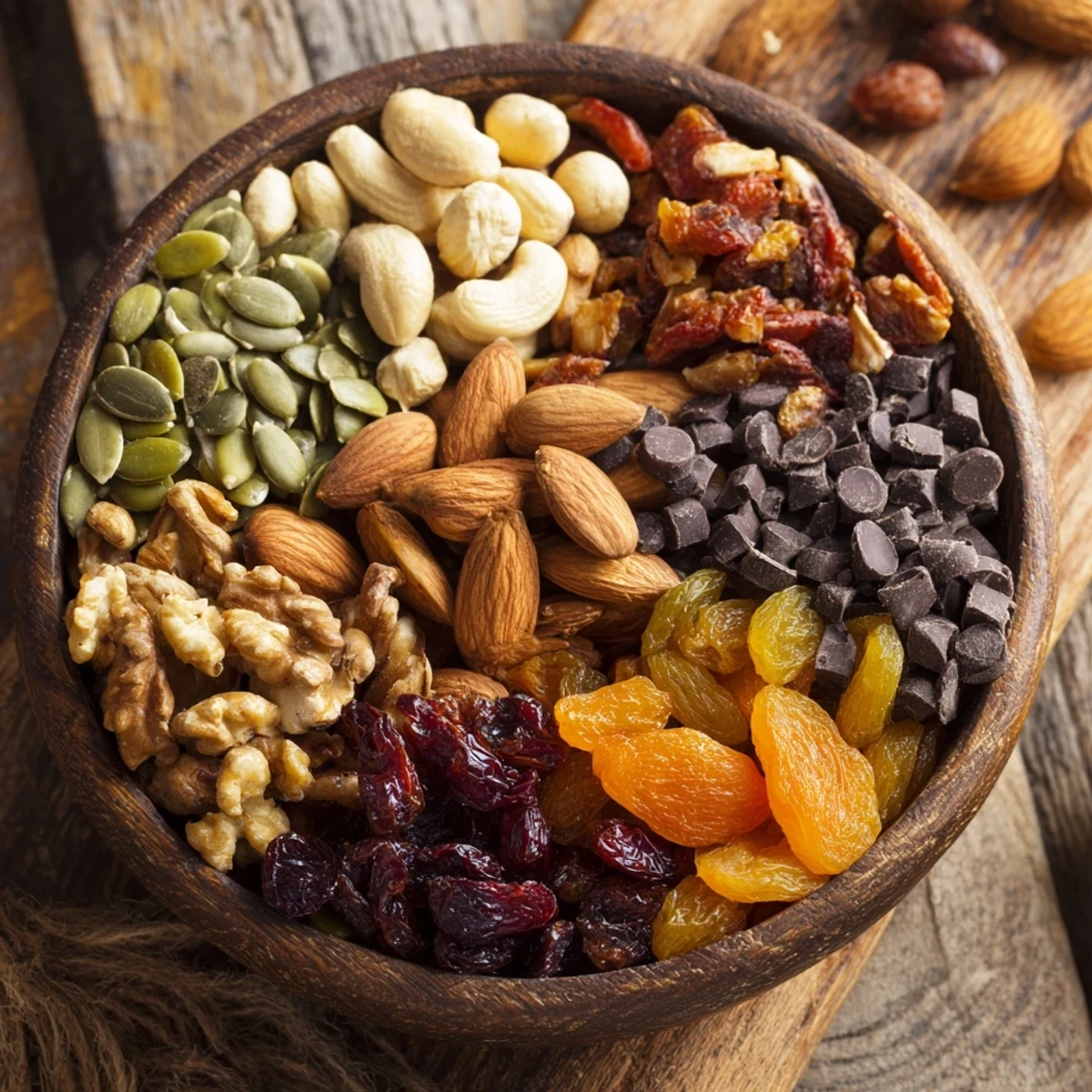 Trail Mix Custom with pumpkin seeds, dried cranberries, and walnuts in a rustic serving bowl.