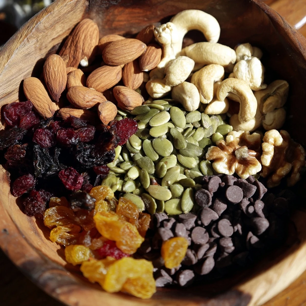 Vibrant Trail Mix Custom featuring dried apricots, sunflower seeds, and chocolate chips for energy.