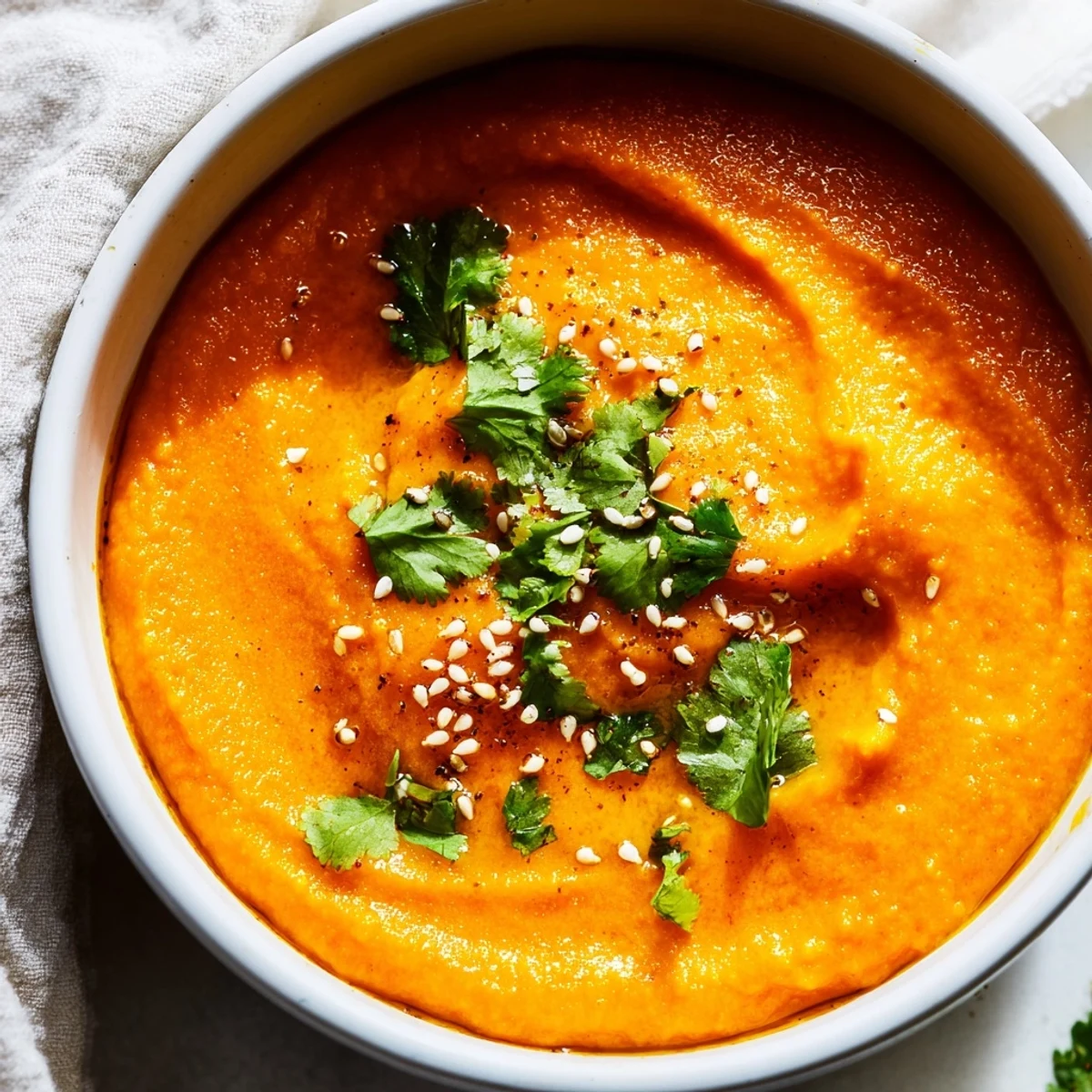 Roasted carrot and ginger dip in a white serving dish, garnished with sesame seeds and a lemon wedge.