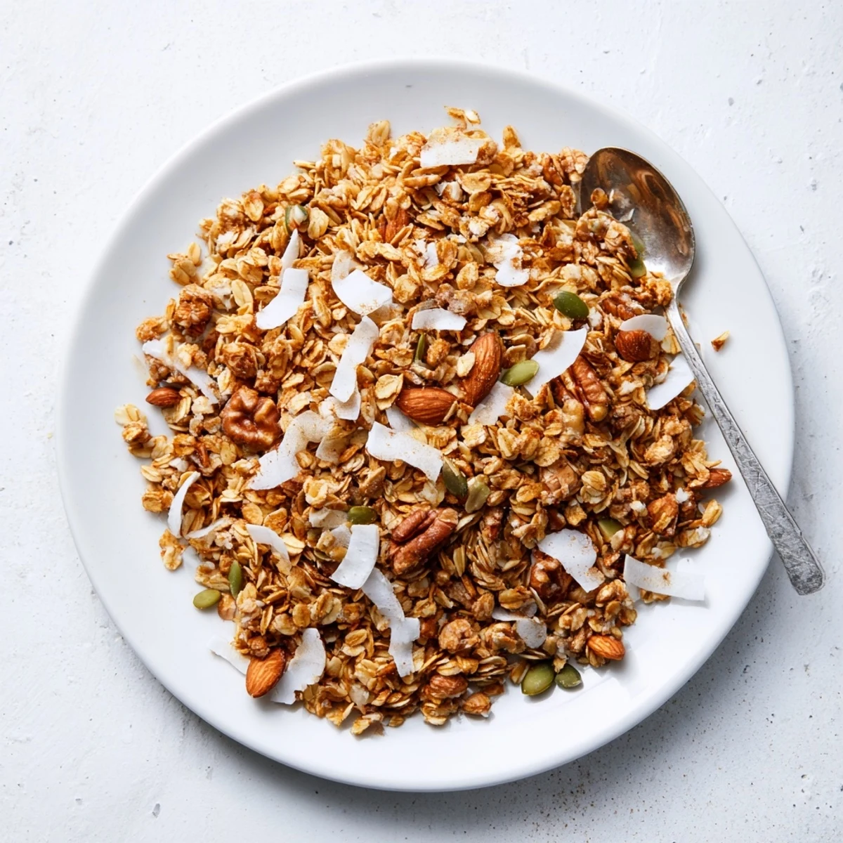 Homemade granola clusters baked to golden perfection, loaded with oats, mixed nuts, and honey for a crunchy snack.  