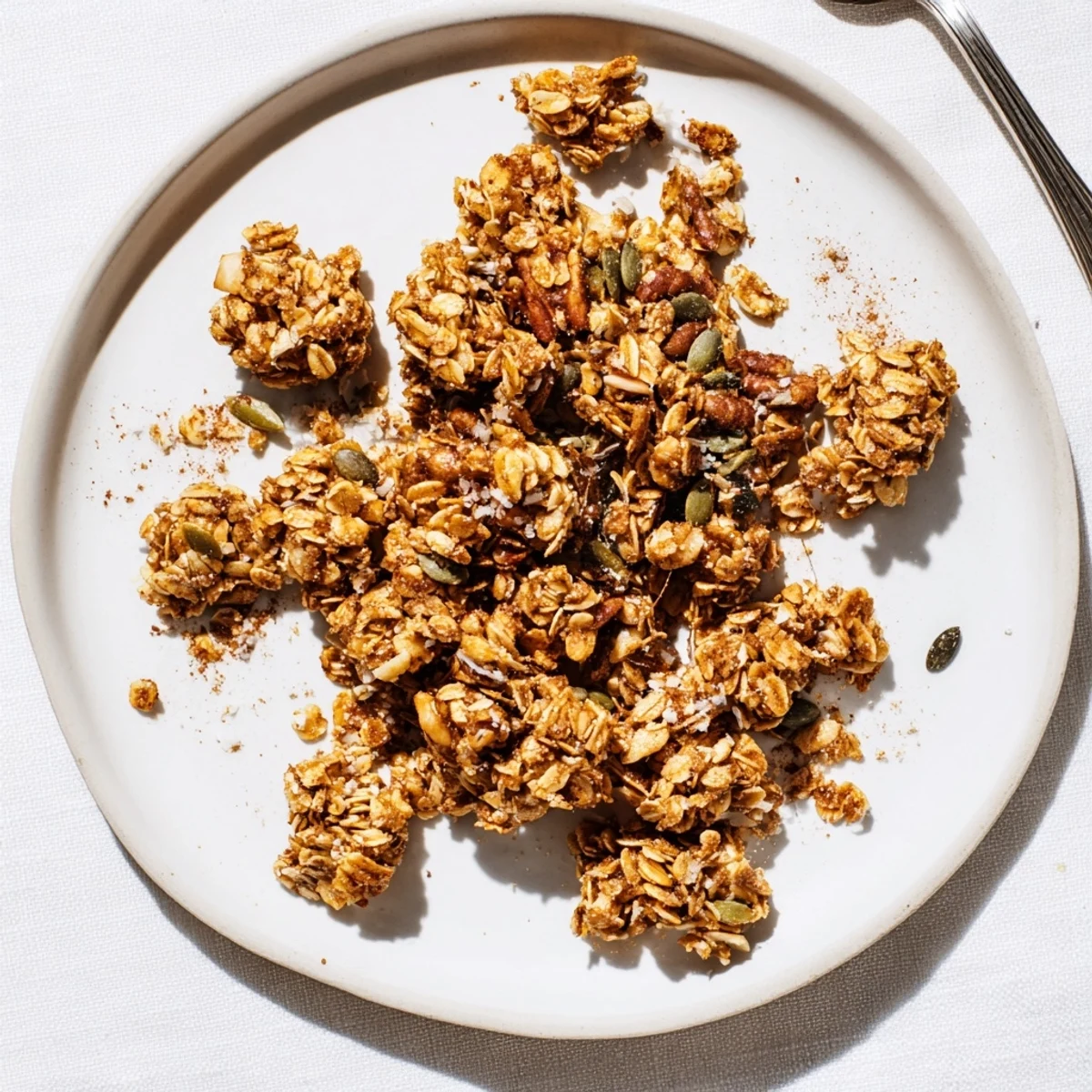 A close-up of golden granola clusters with almonds, pecans, and oats, ideal for topping yogurt or breakfast bowls.  