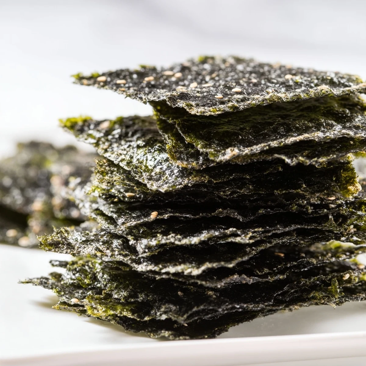 Golden Roasted Seaweed Chips seasoned with oil and salt on parchment.