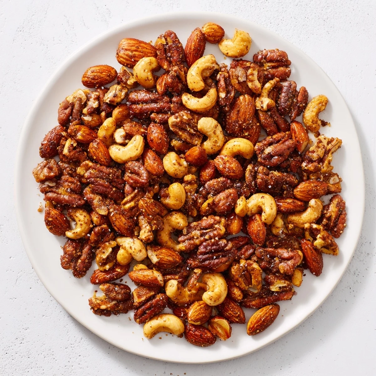 Golden roasted Spiced Nuts Mix glistening with honey and aromatic smoked paprika on a parchment-lined baking sheet.  