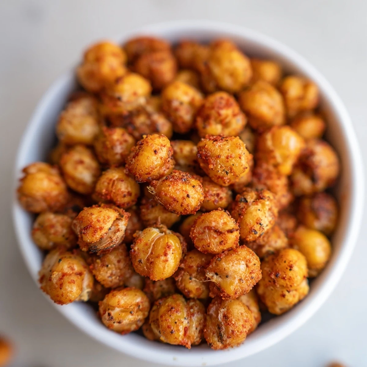 Golden, oven-roasted Crispy Chickpea Snacks tossed in smoky paprika, served warm in a rustic bowl.
