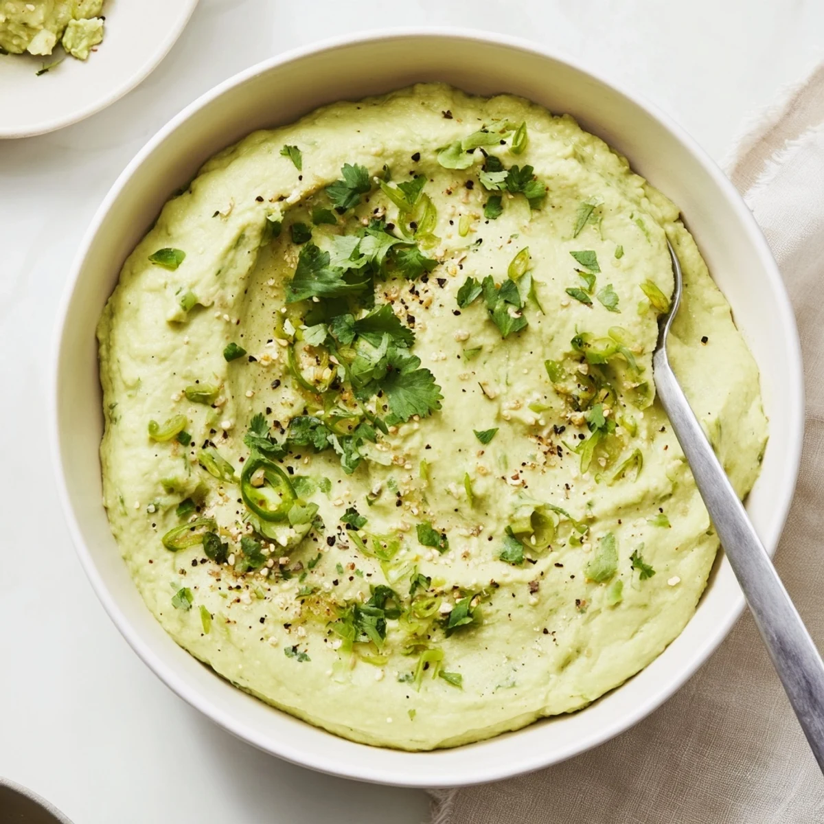 Fresh avocado lime dip garnished with jalapeños, paired with crisp white wine and chips for a zesty appetizer spread.