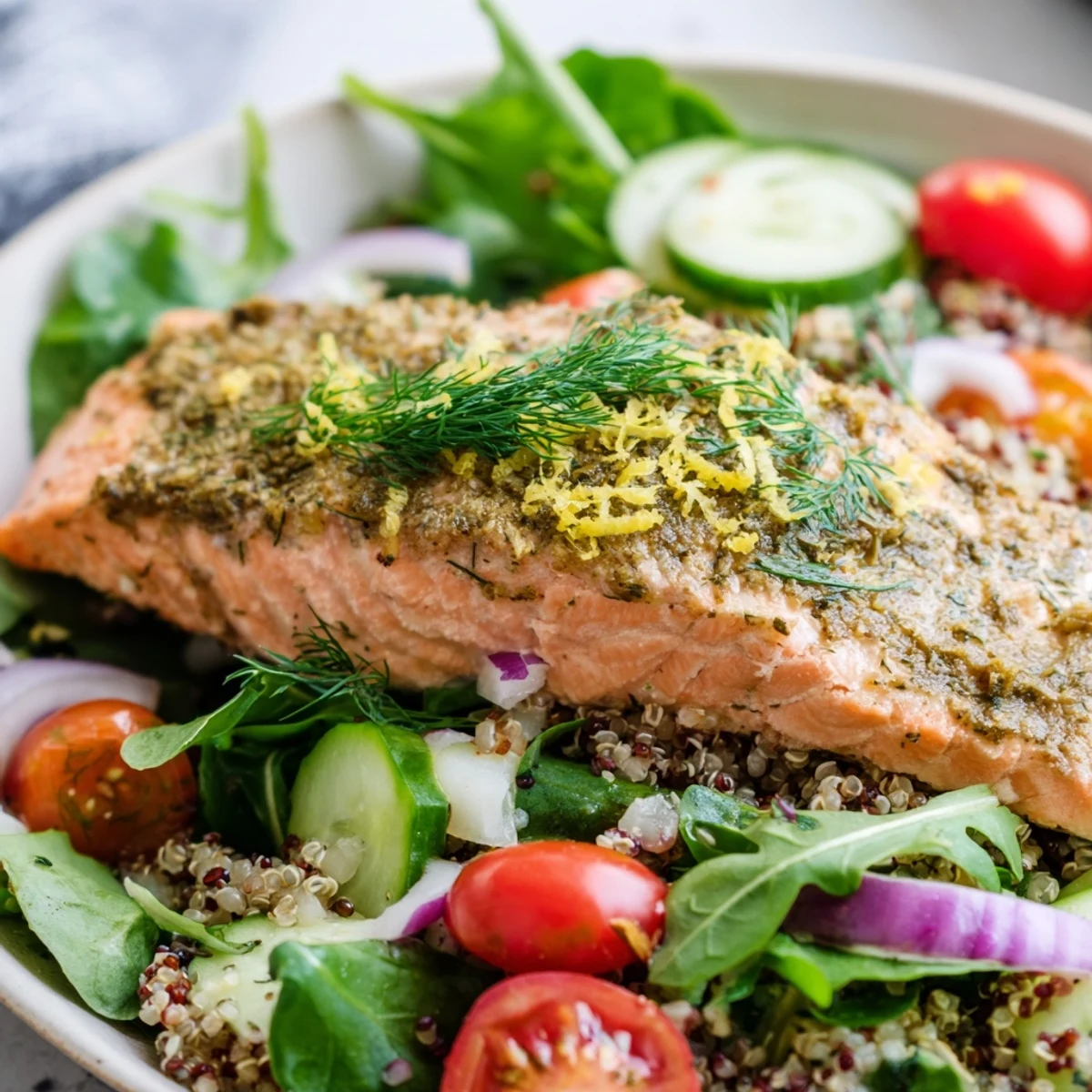 Flaky baked salmon rests atop a bright quinoa salad with herbs and cherry tomatoes, drizzled with zesty lemon vinaigrette.