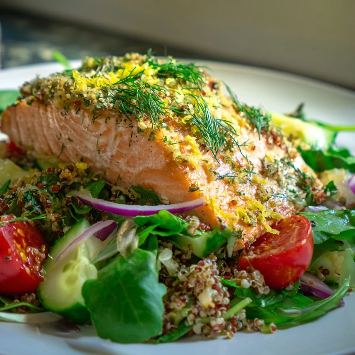 Warm salmon fillet is placed on a nourishing salad of quinoa, fresh herbs, and vegetables, ready to serve.