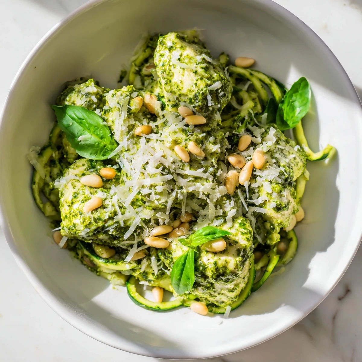 Tender chicken pieces, crisp zucchini noodles, and vibrant basil pesto combine in this Pesto Zucchini Chicken Bowl.  