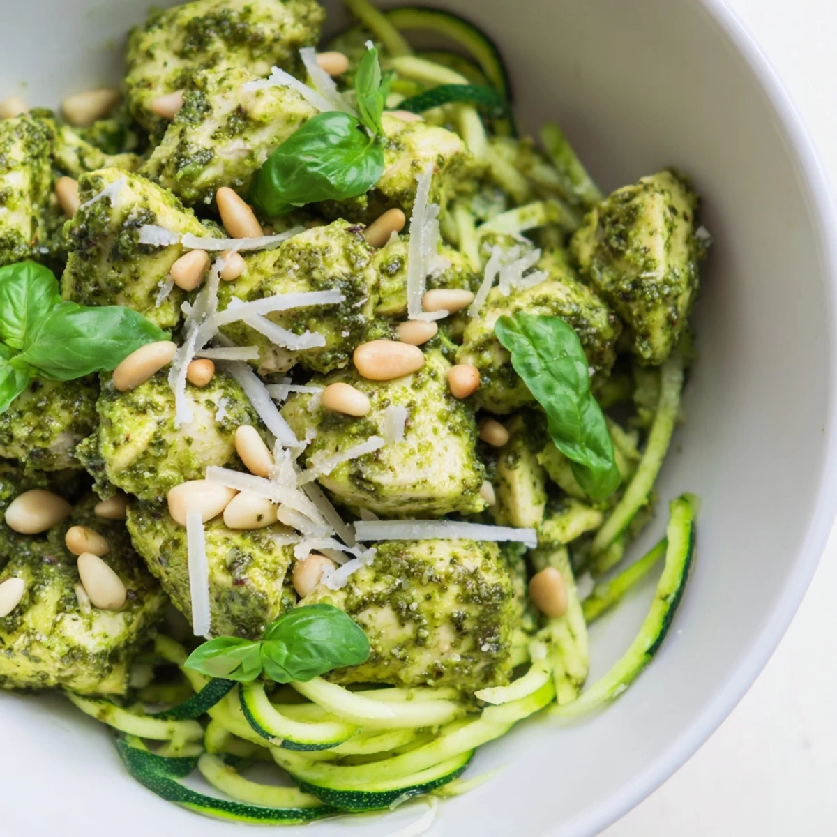 A close-up of the Pesto Zucchini Chicken Bowl showcases golden chicken and fresh Parmesan, perfect for a light dinner.  