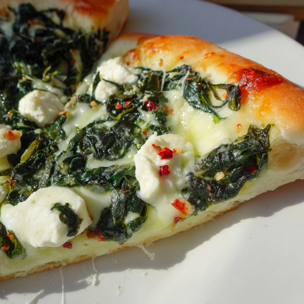 Freshly baked spinach ricotta pizza with golden, bubbly cheese and sautéed greens on a thin crust.