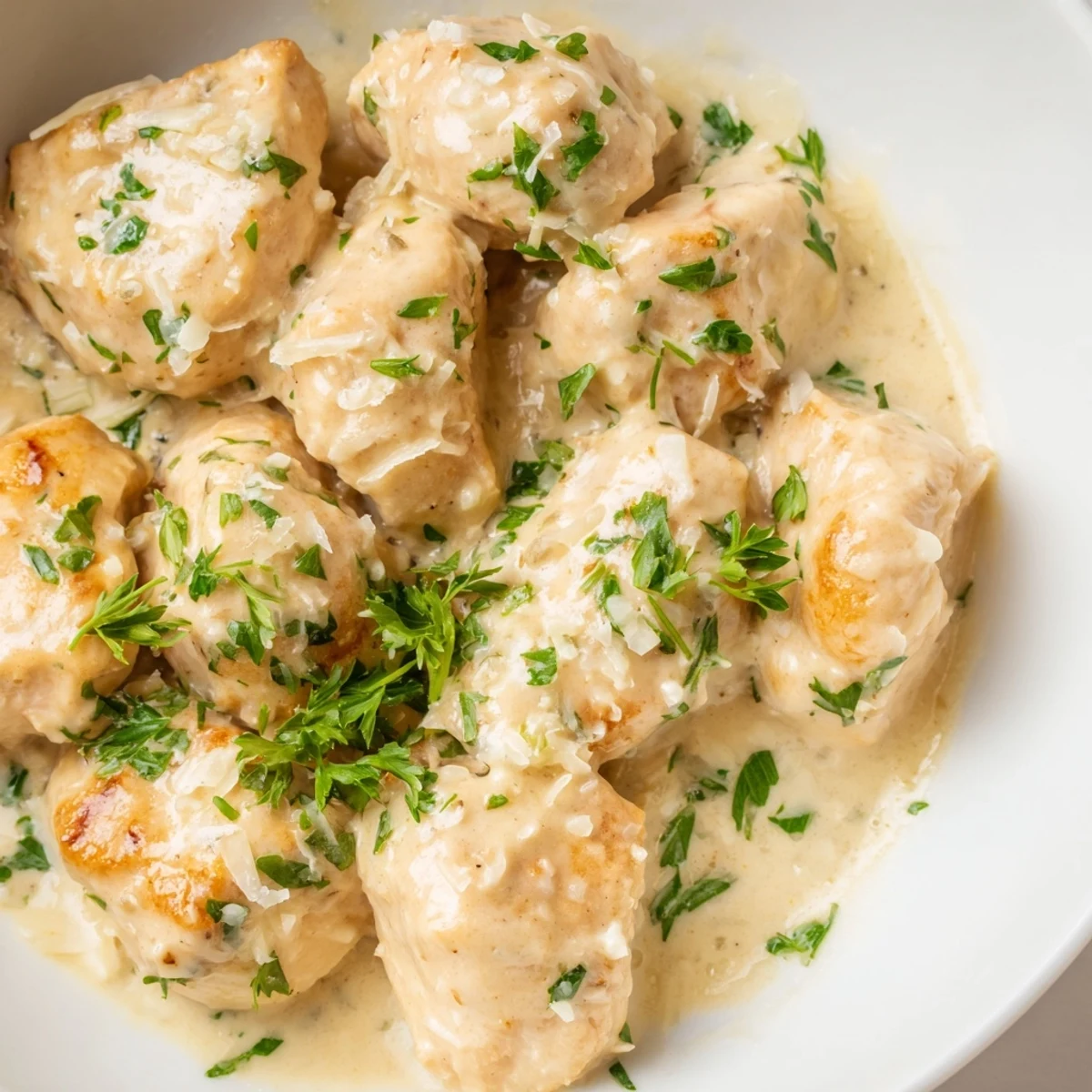 Tender Creamy Garlic Chicken Bites served hot over fluffy mashed potatoes, perfect for a satisfying family dinner.