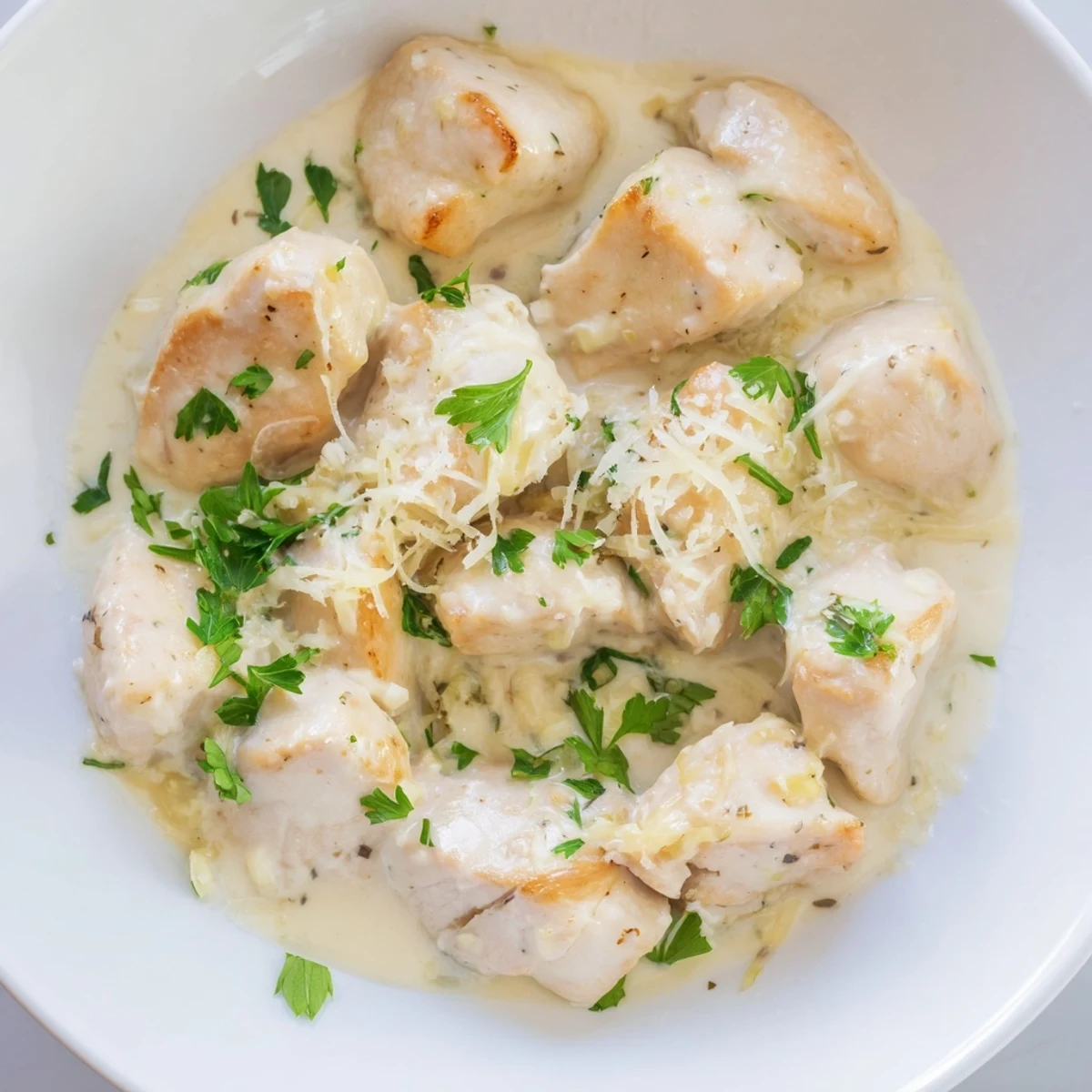 Savory Creamy Garlic Chicken Bites skillet dish featuring bite-sized chicken in a velvety sauce with melted Parmesan.