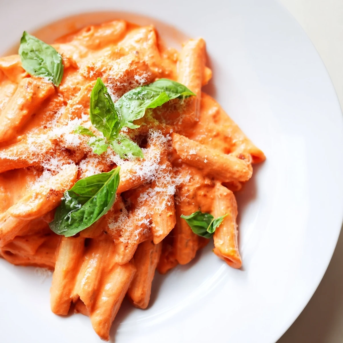 Steaming Roasted Red Pepper Pasta in a white bowl, featuring tender noodles tossed in a velvety sauce made from sweet roasted peppers.  