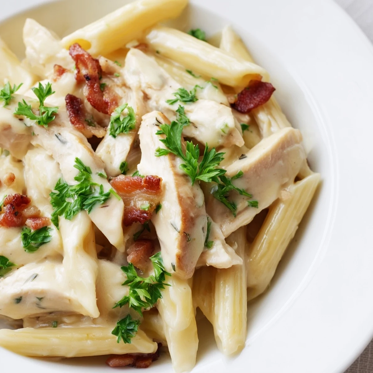 Creamy Chicken Bacon Penne pasta in a white bowl, garnished with fresh parsley and shaved Parmesan, fork ready for a comforting dinner.