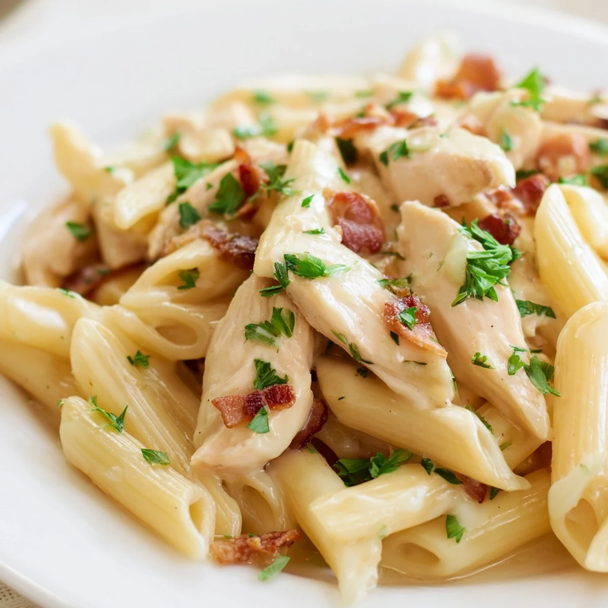 Close-up of Creamy Chicken Bacon Penne, steam rising from cheesy sauce, served with crusty bread for a satisfying weeknight dinner.