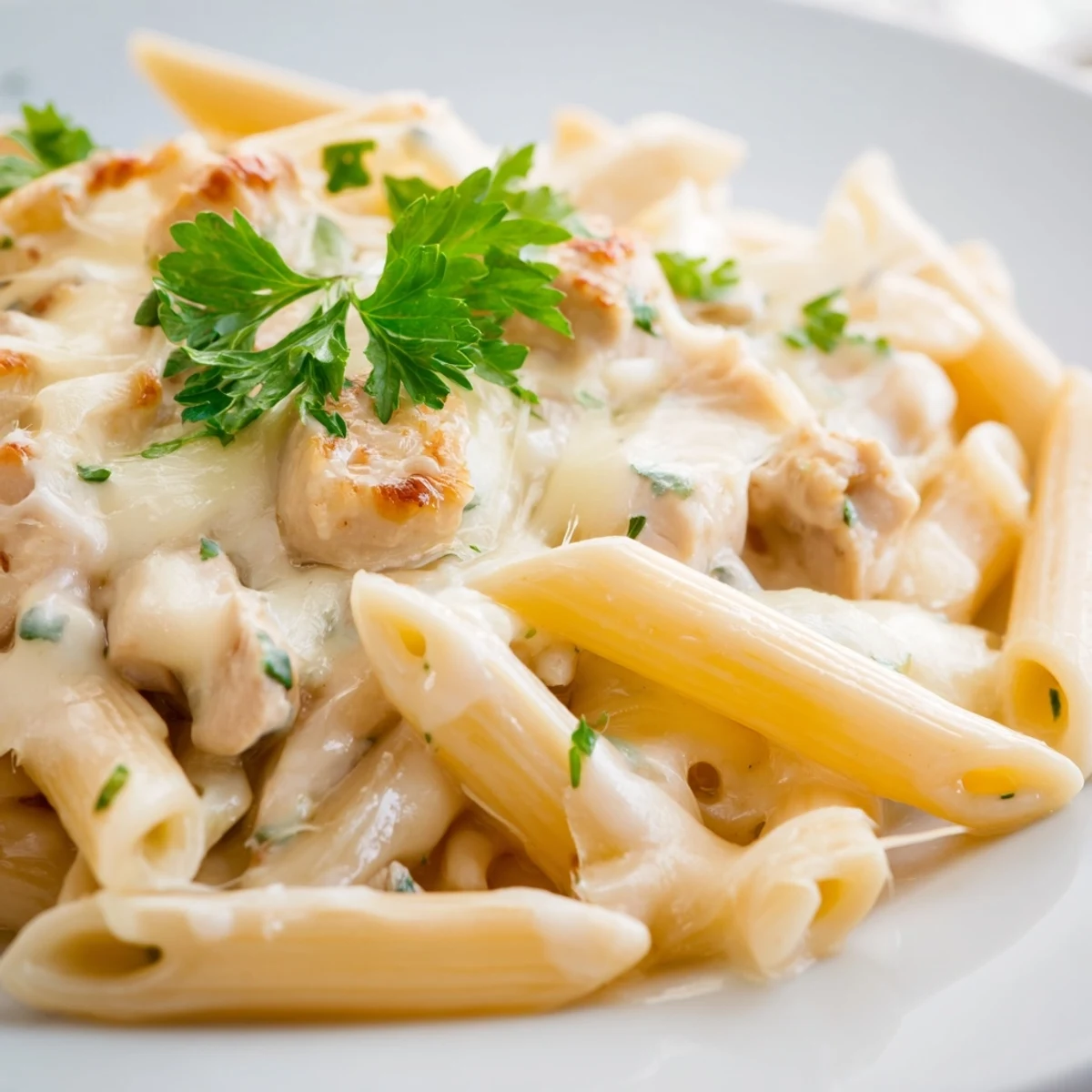 Golden-brown baked Chicken Alfredo Casserole with bubbly mozzarella topping, served as a comforting family dinner.