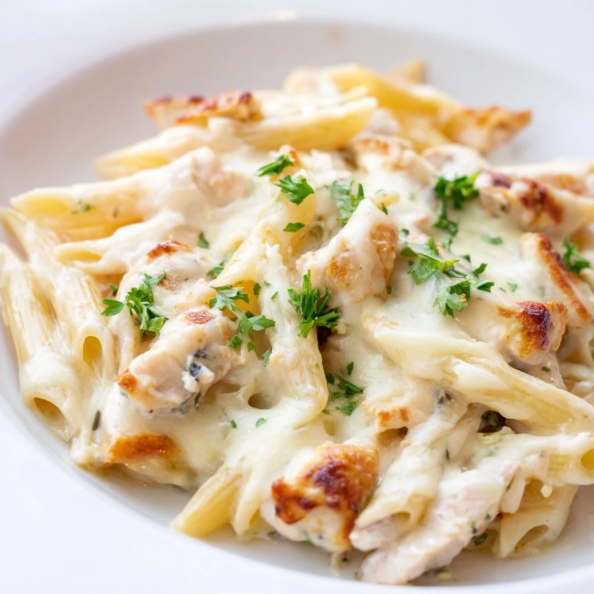 Freshly baked Chicken Alfredo Casserole featuring creamy penne pasta and tender chicken pieces in a white baking dish.