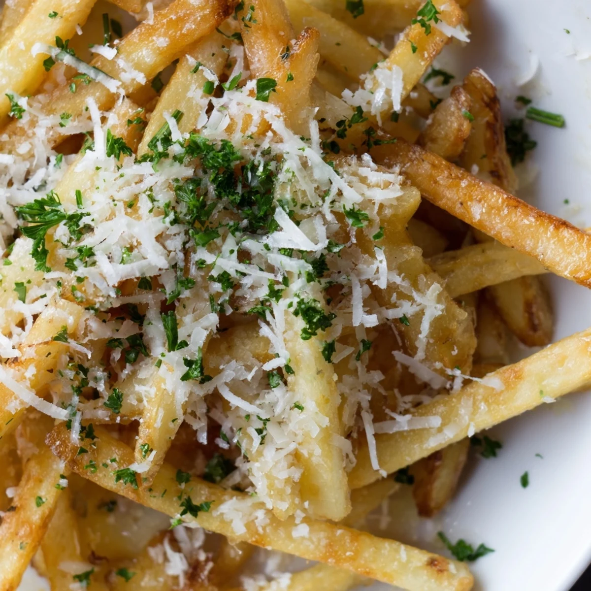 Golden crispy baked fries tossed with aromatic truffle oil and freshly grated Parmesan cheese, garnished with bright parsley for an easy savory side dish.