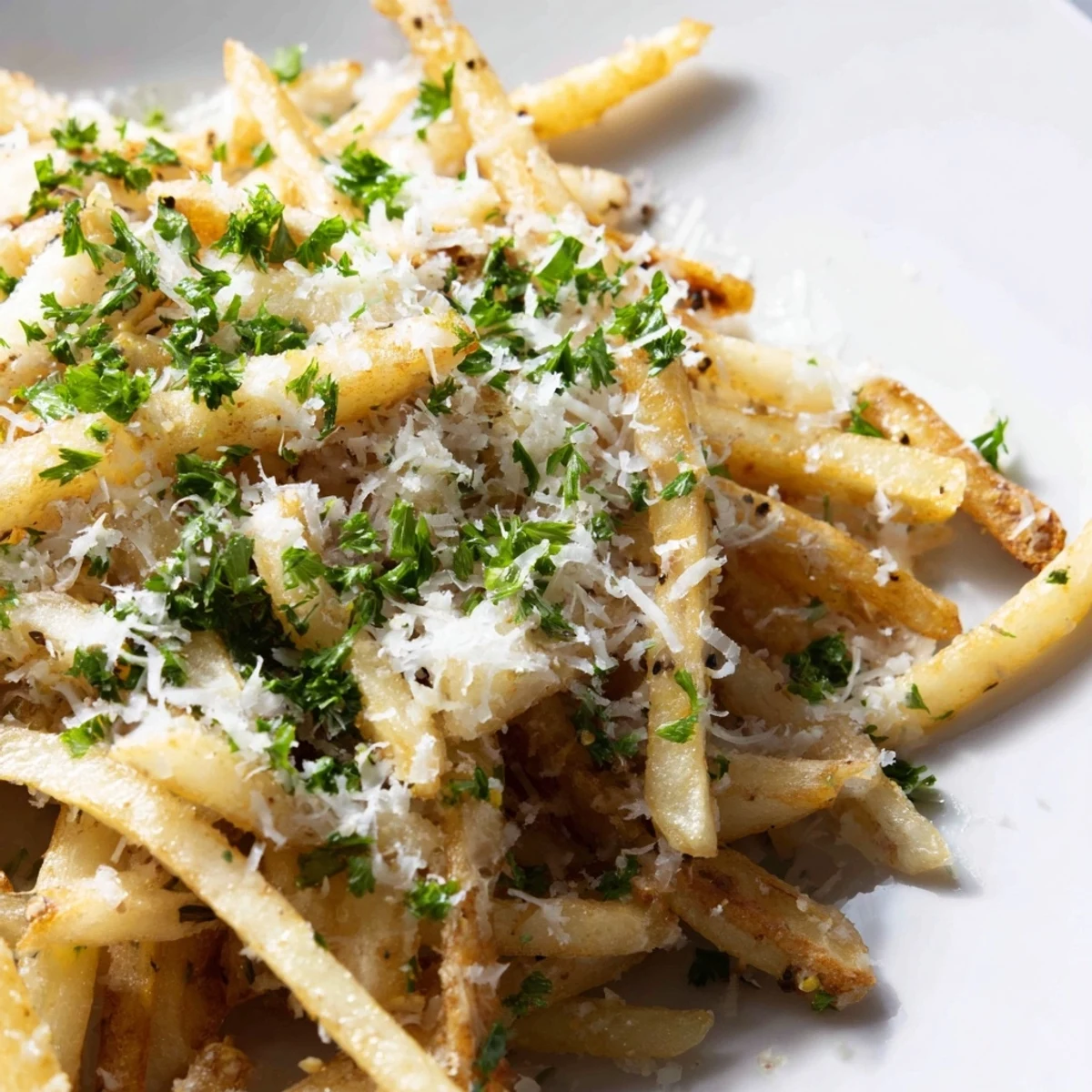 Russet potato fries tossed in truffle oil and Parmesan, sprinkled with parsley, ready to be dipped in creamy garlic aioli or ketchup.